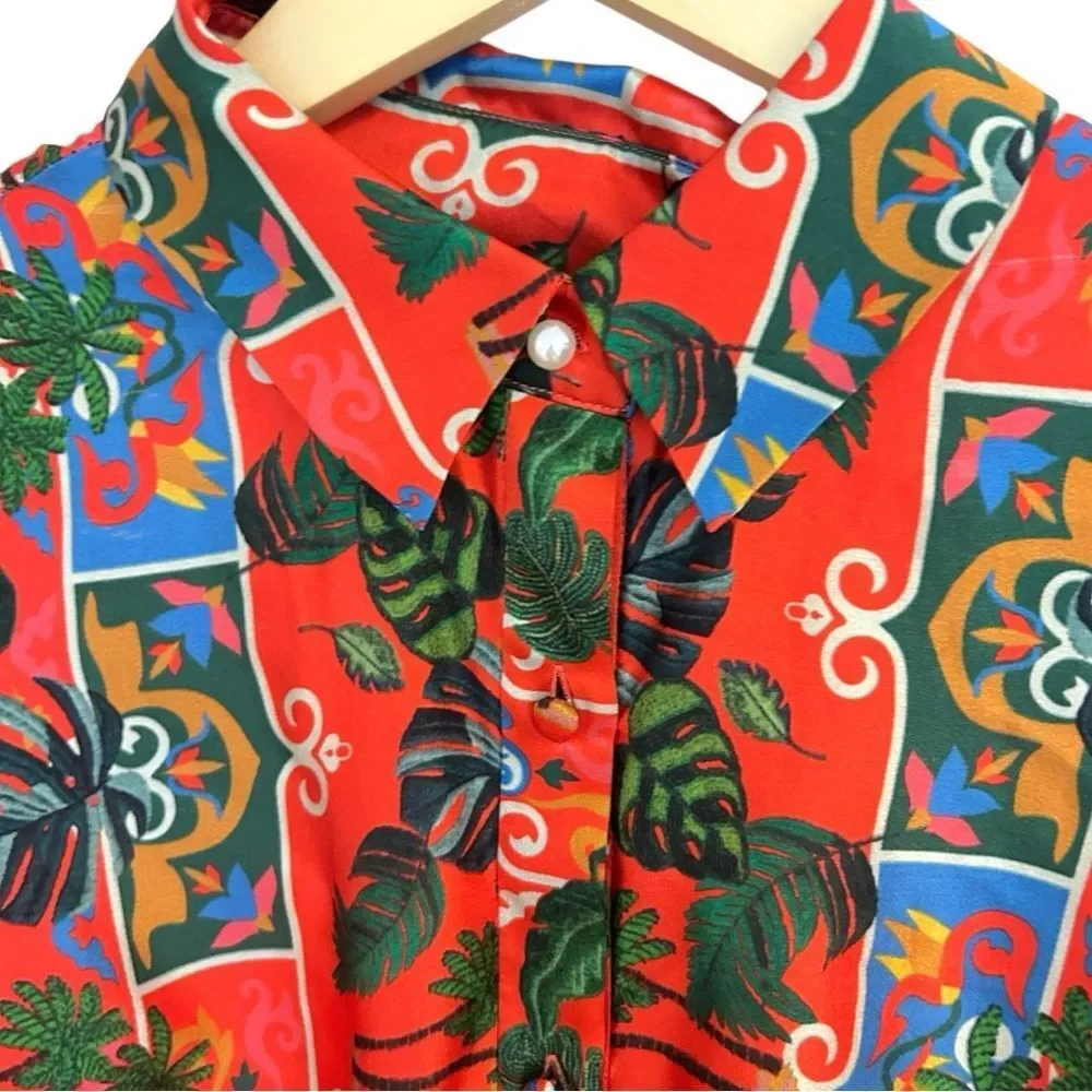 Emily Lovelock Alice Silk Red Print Button Down Dress, Size‎ Medium